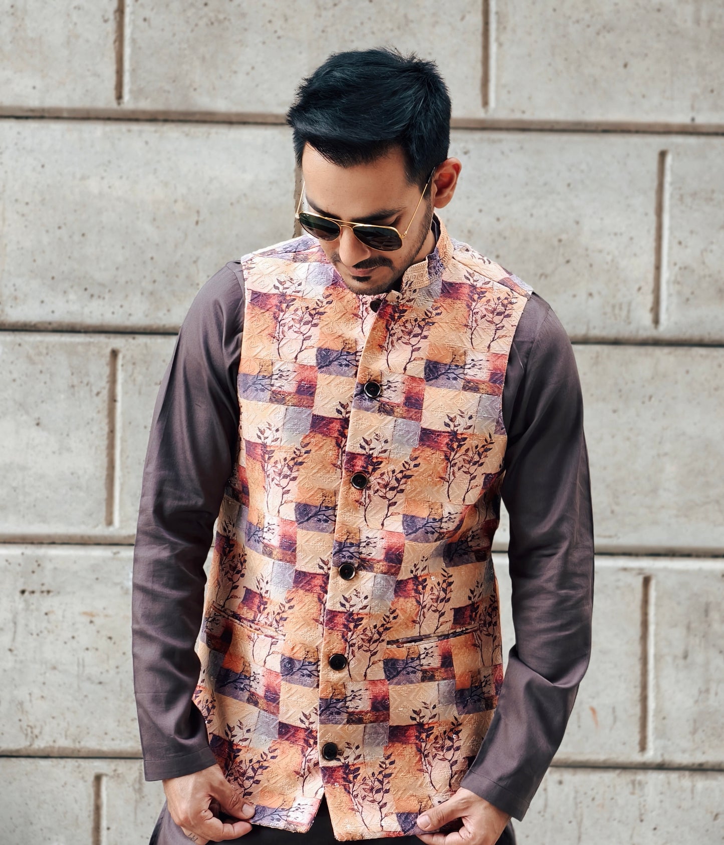 Men’s Printed Nehru Jacket – Multicolor Art Block Design