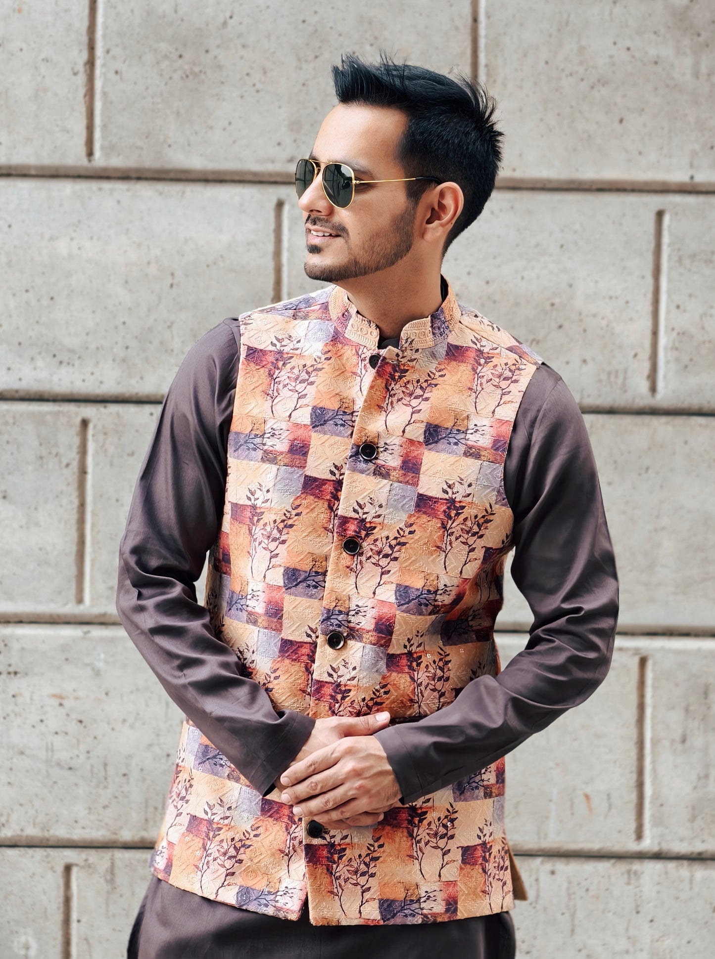 Men’s Printed Nehru Jacket – Multicolor Art Block Design