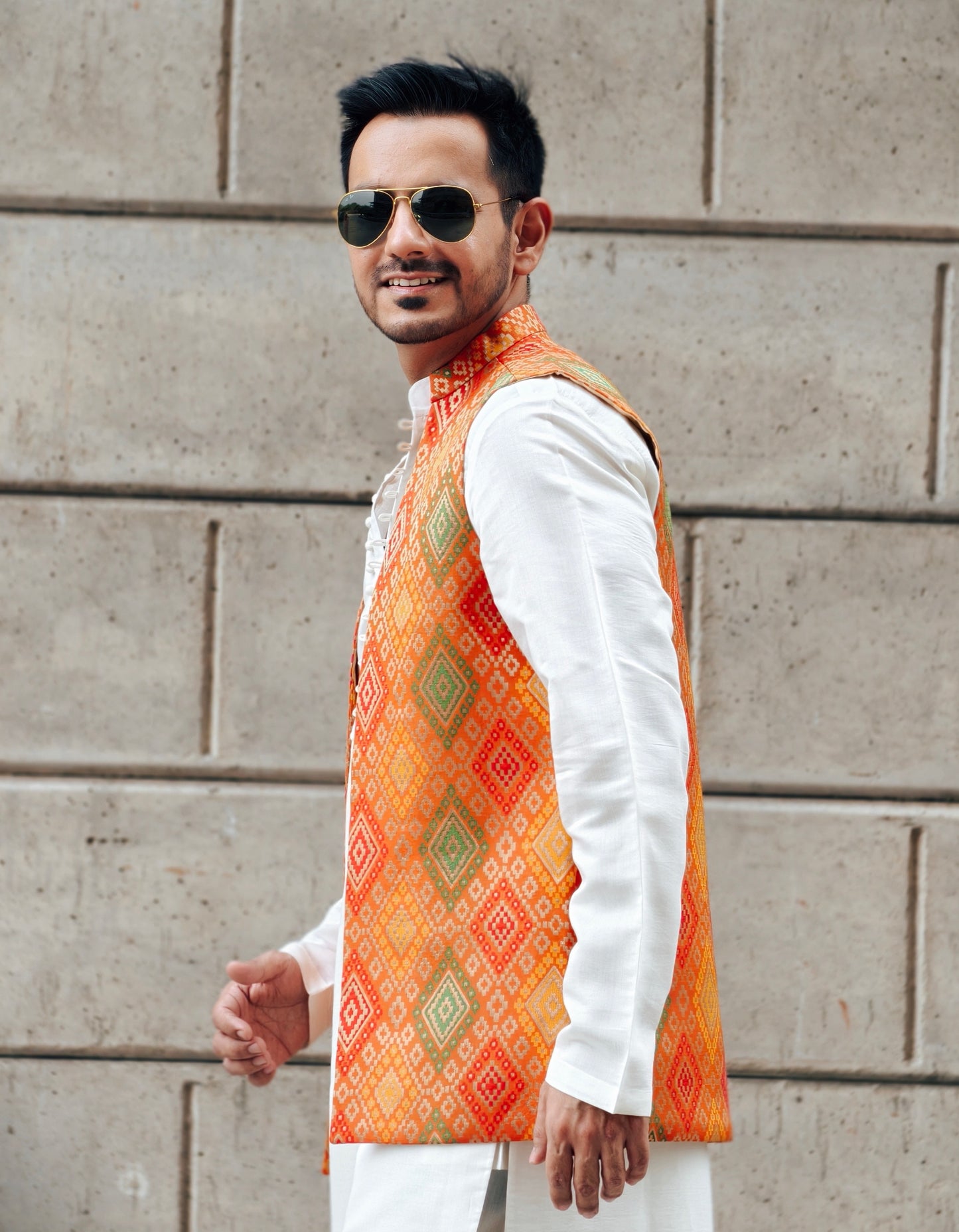 Men's Off-White Silk Kurta Pants Set with Banarasi Multicolor Open Nehru Jacket