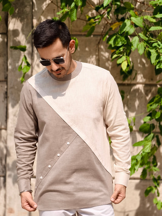 Men’s Asymmetrical Dual-Tone Designer Shirt – Beige & Taupe