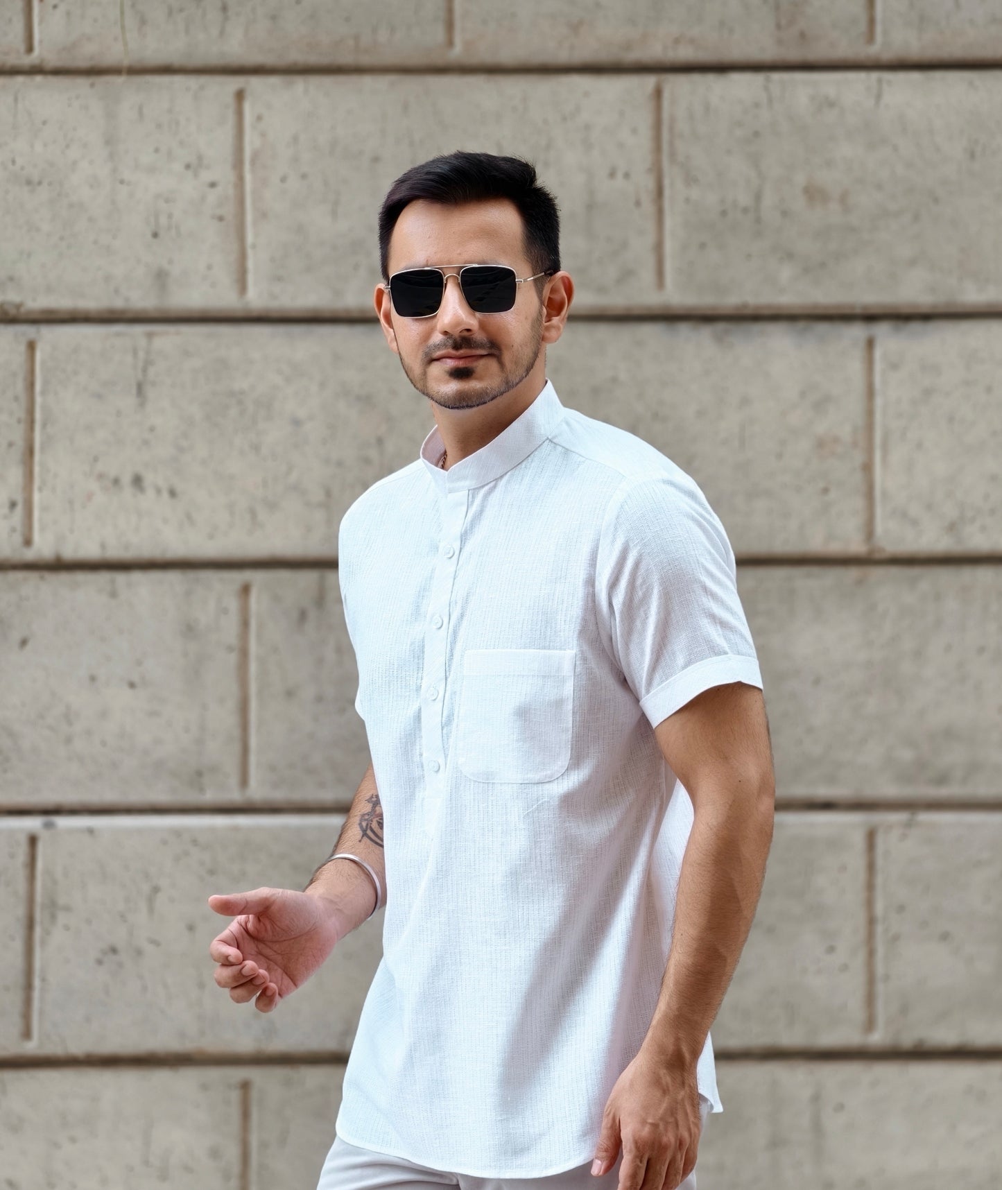 Men’s White Mandarin Collar Premium Cotton Half Sleeves Shirt