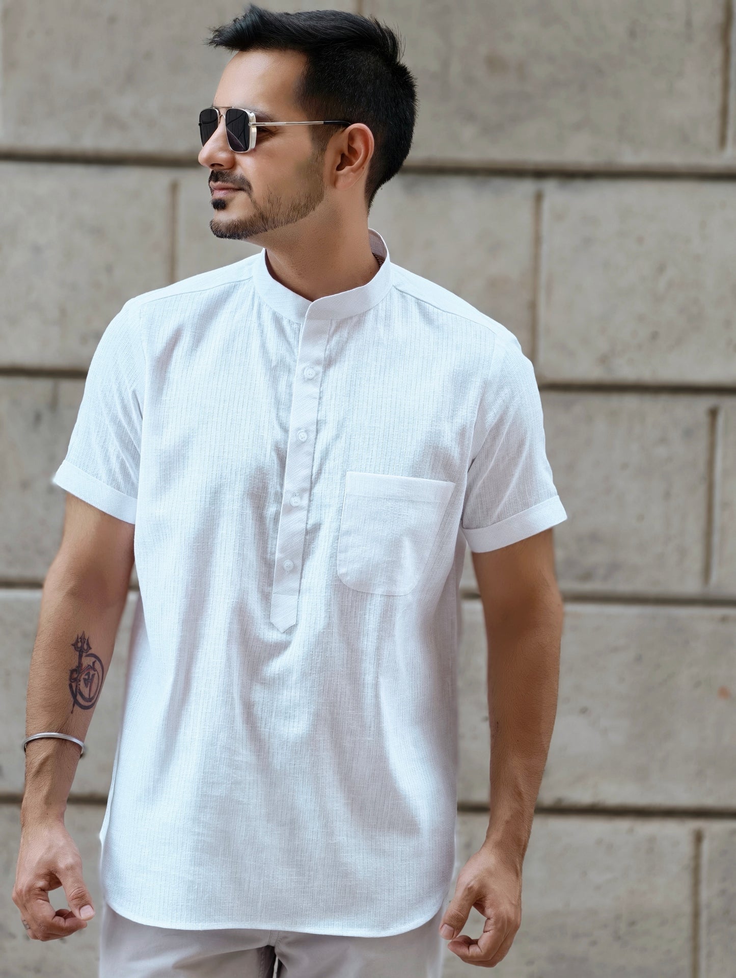 Men’s White Mandarin Collar Premium Cotton Half Sleeves Shirt