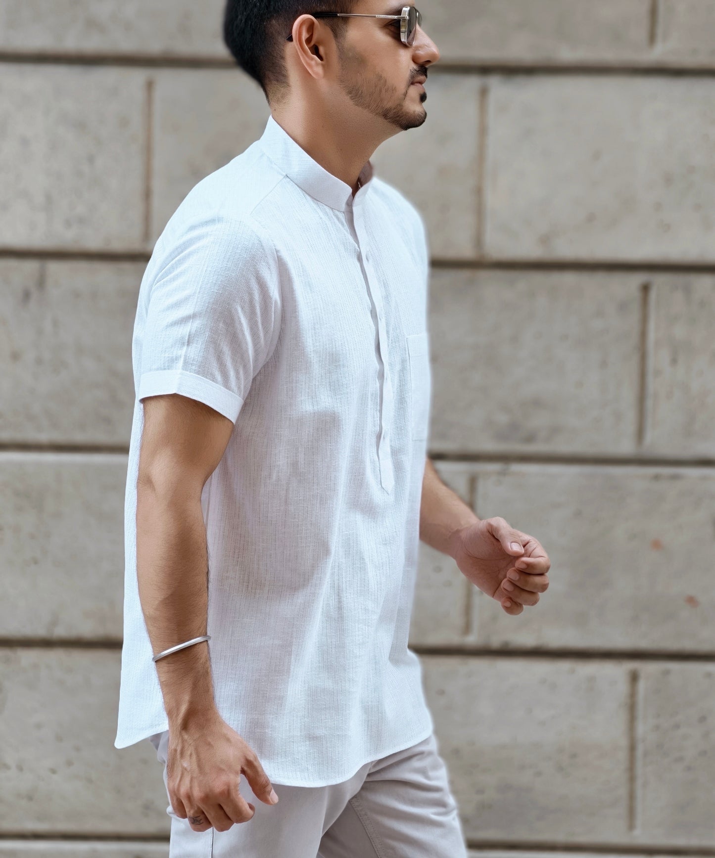 Men’s White Mandarin Collar Premium Cotton Half Sleeves Shirt