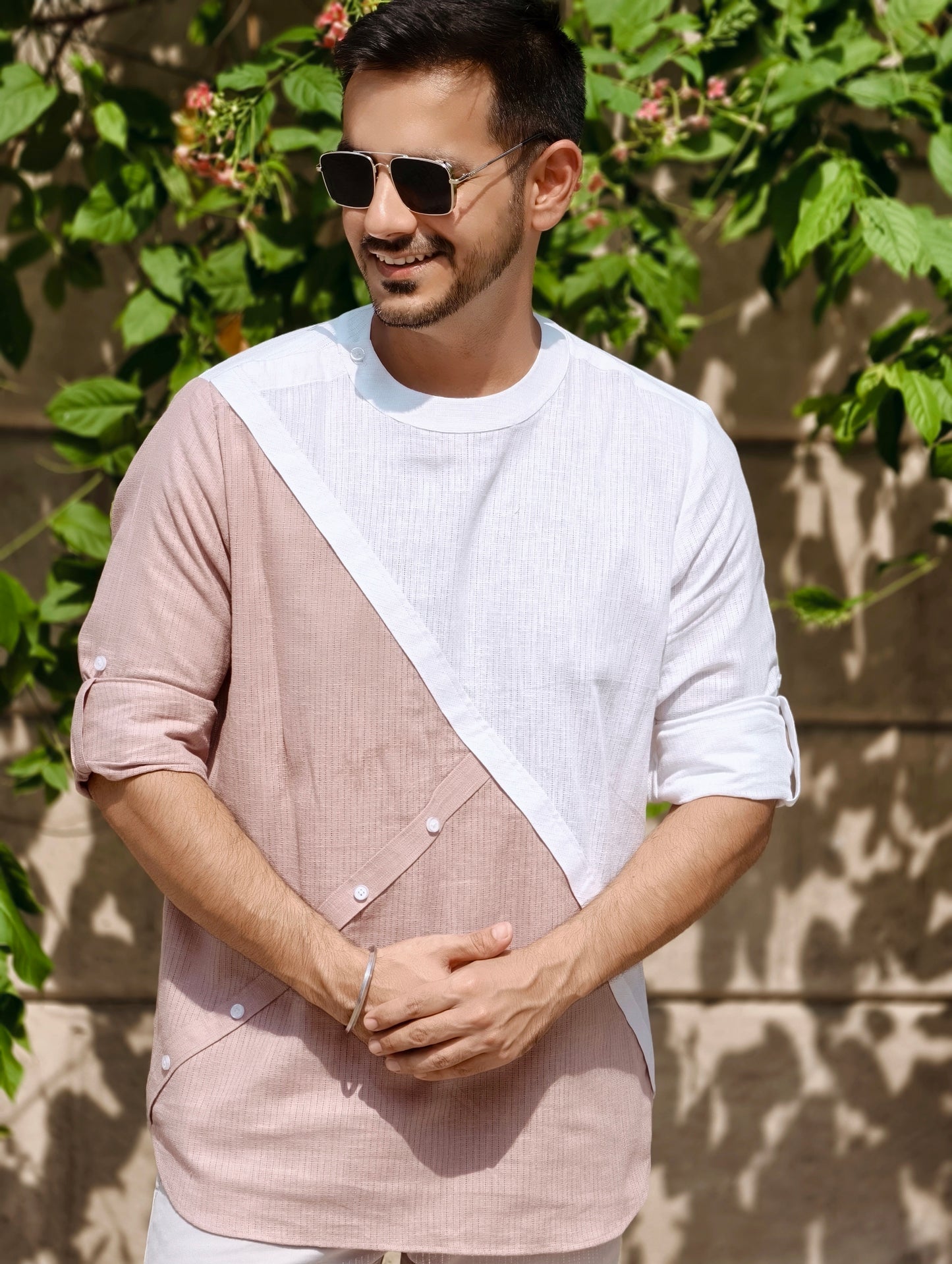 Men’s Dual-Tone Asymmetrical Dull Pink and White Premium Cotton Shirt