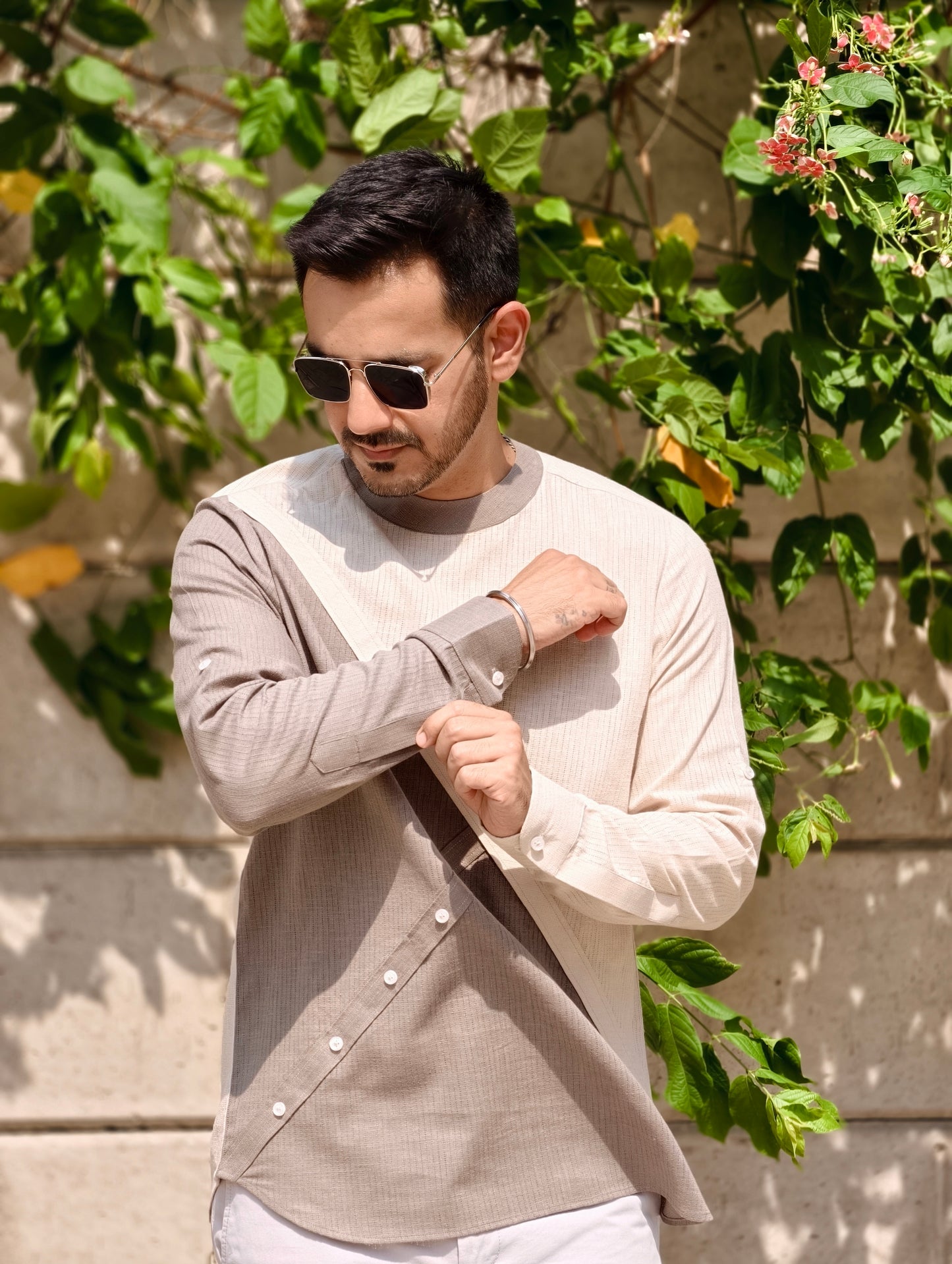 Men’s Asymmetrical Dual-Tone Designer Shirt – Beige & Taupe
