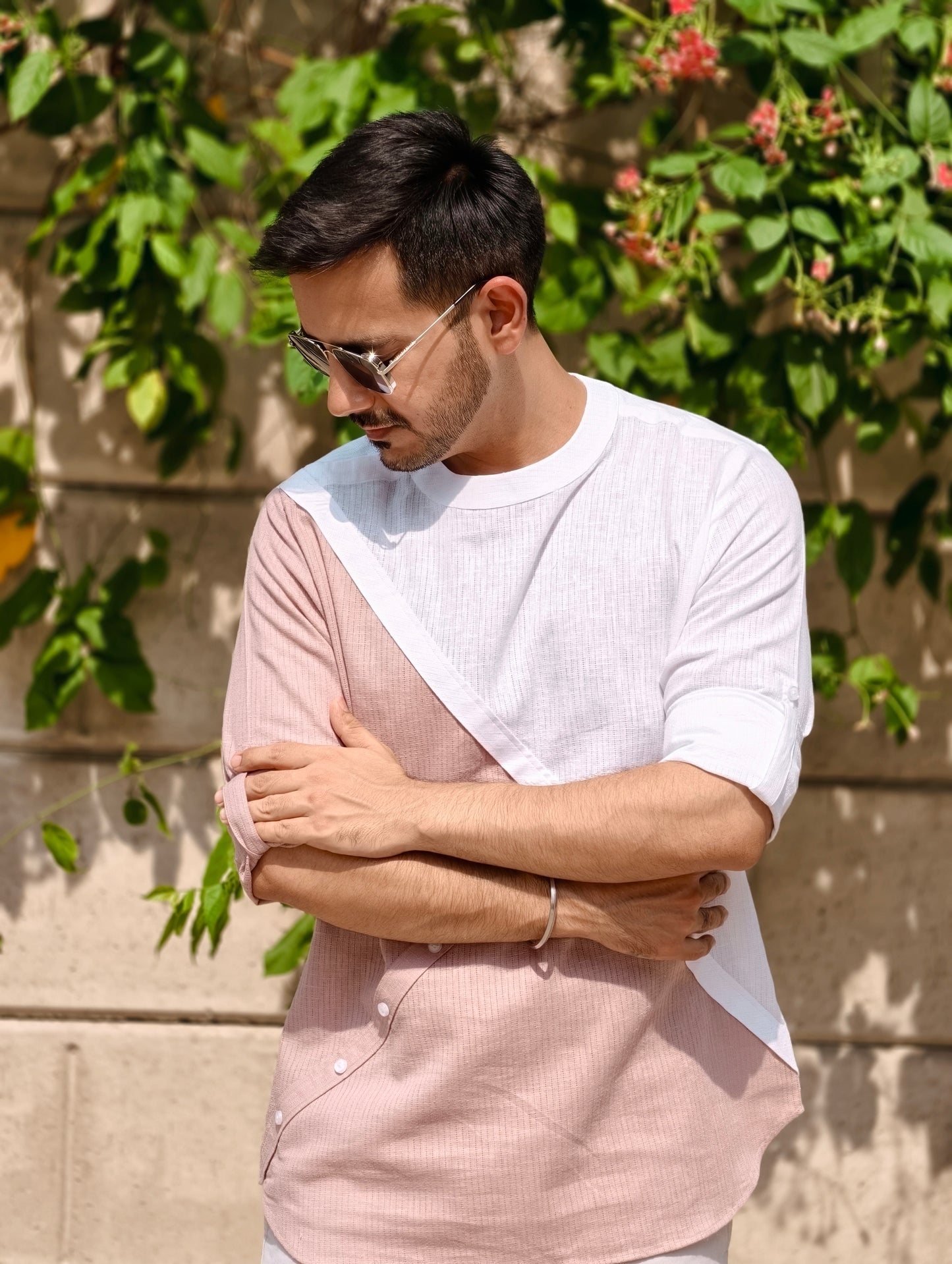 Men’s Dual-Tone Asymmetrical Dull Pink and White Premium Cotton Shirt