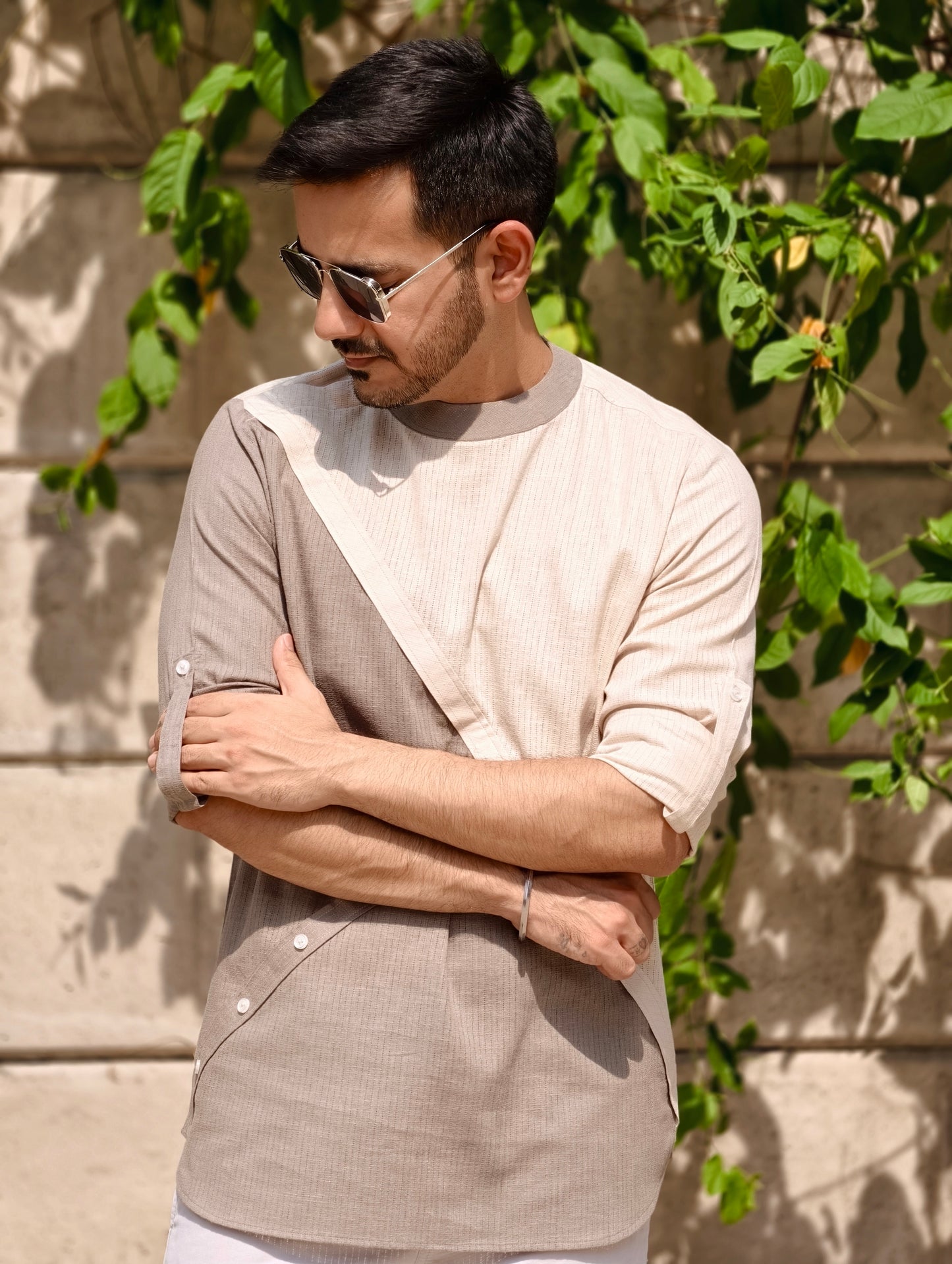 Men’s Asymmetrical Dual-Tone Designer Shirt – Beige & Taupe
