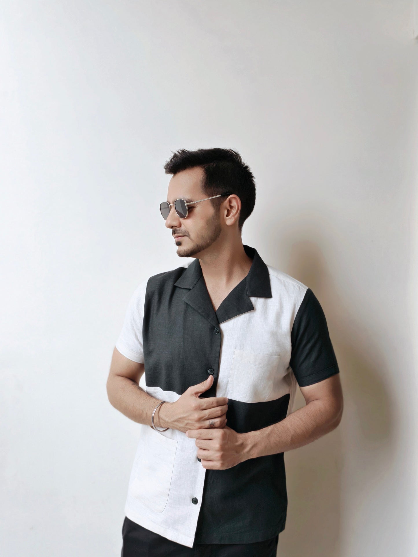 Cream and Dark Green Color-Block Half-Sleeves Shirt