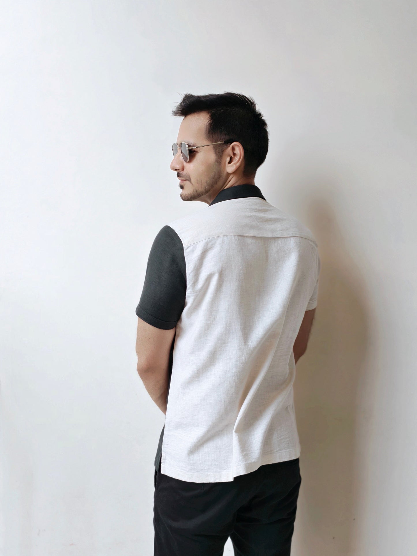 Cream and Dark Green Color-Block Half-Sleeves Shirt