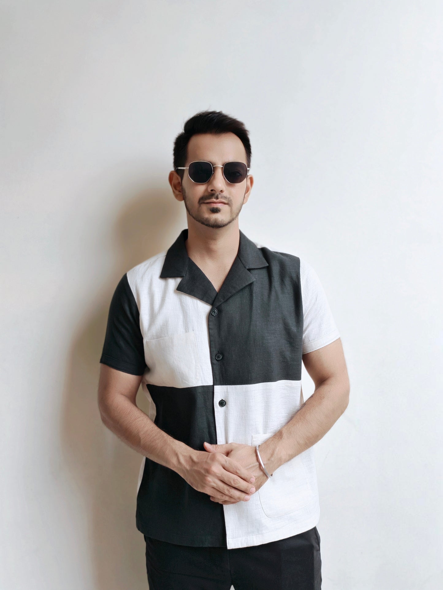 Cream and Dark Green Color-Block Half-Sleeves Shirt