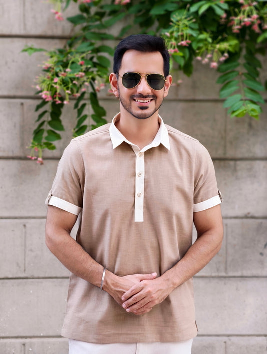 Men's Khaki Textured Cotton Shirt with Contrast Cream Detailing