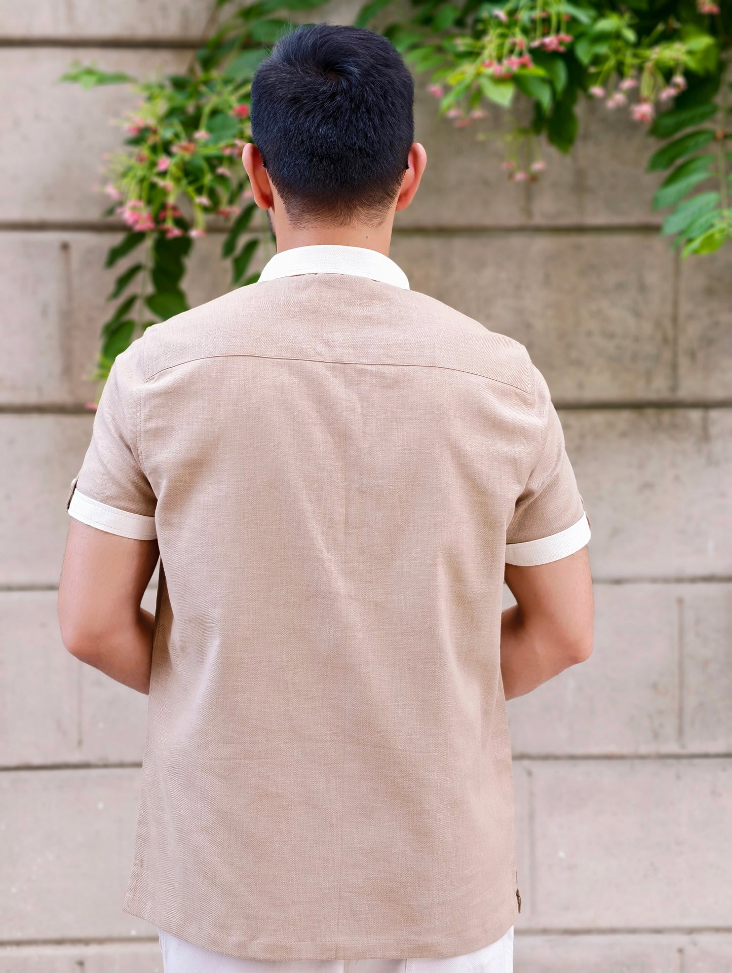 Men's Khaki Textured Cotton Shirt with Contrast Cream Detailing