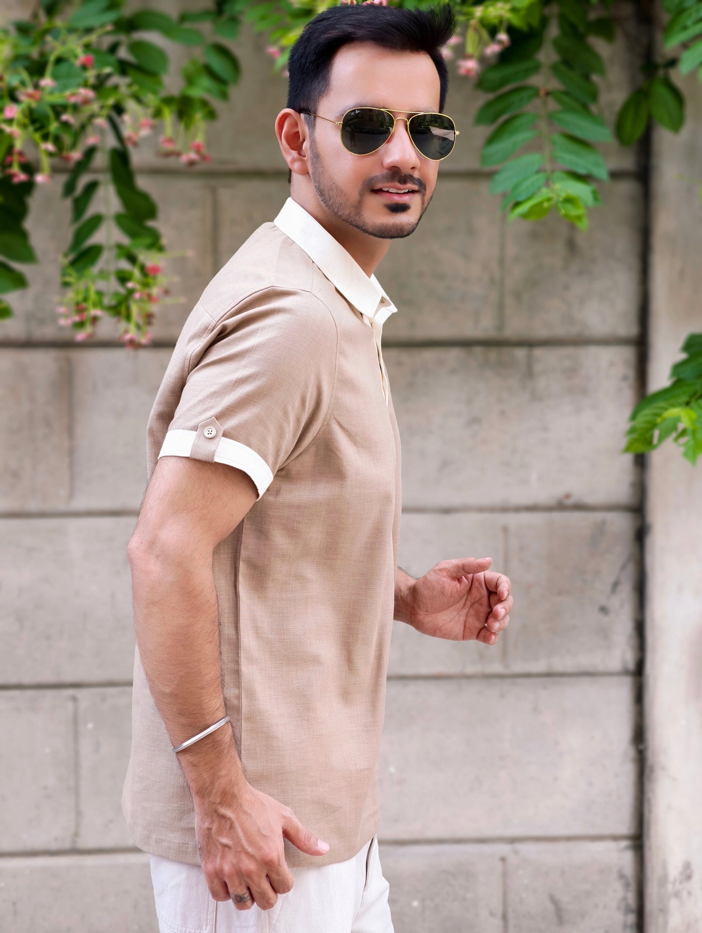 Men's Khaki Textured Cotton Shirt with Contrast Cream Detailing