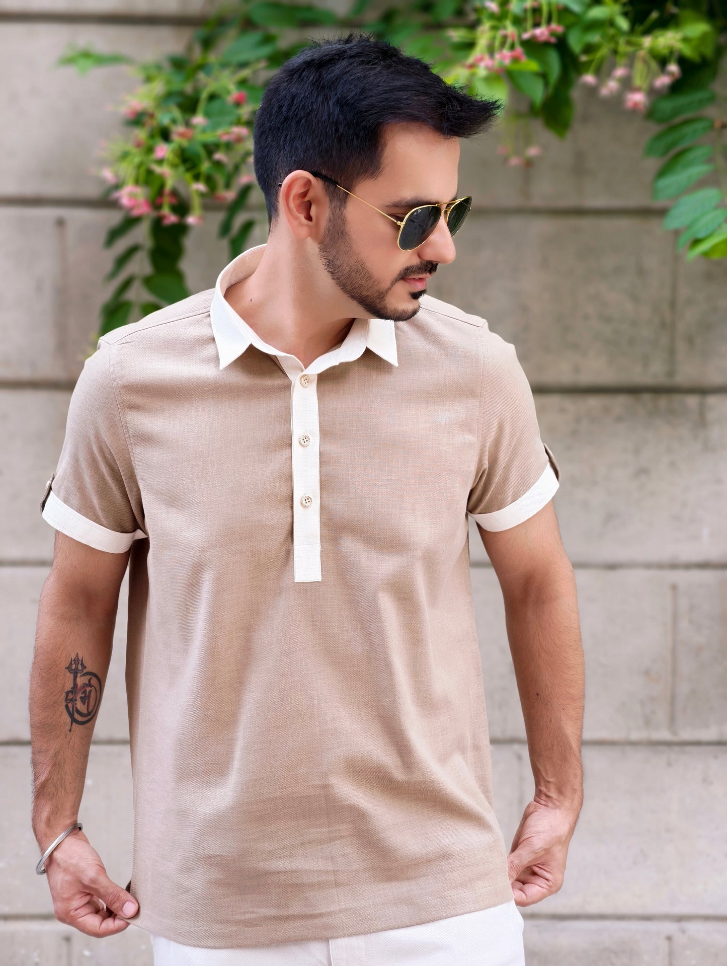 Men's Khaki Textured Cotton Shirt with Contrast Cream Detailing
