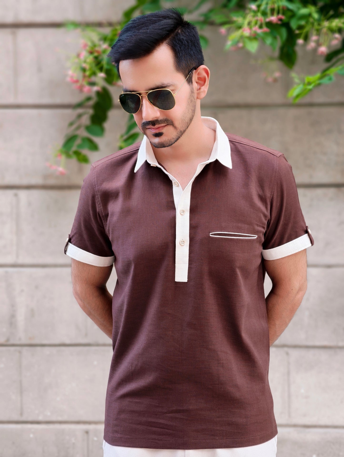 Men's Brown Textured Cotton Shirt with Contrast Cream Detailing