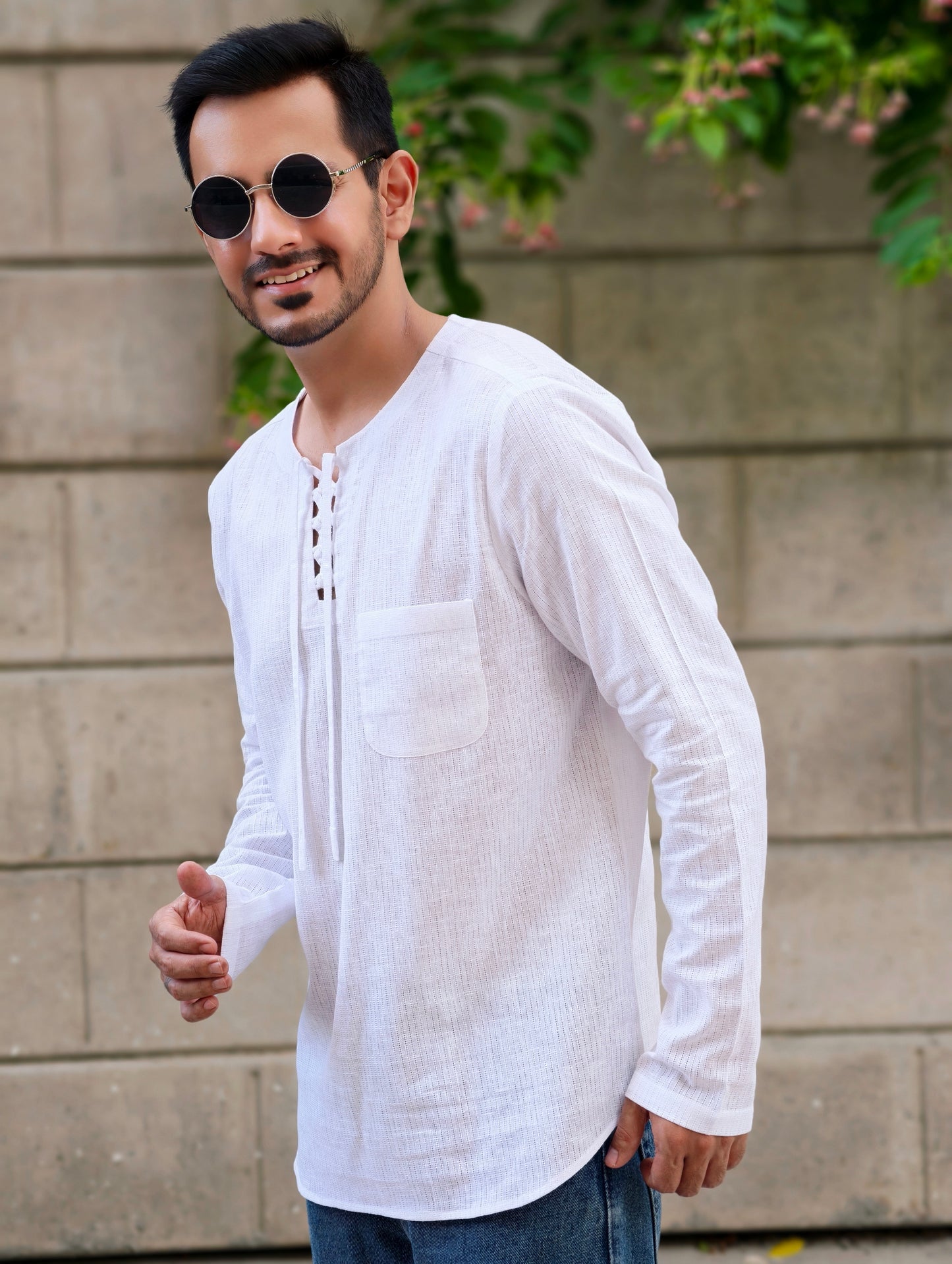 Men’s Casual White Lace-Up Short Cotton Kurta