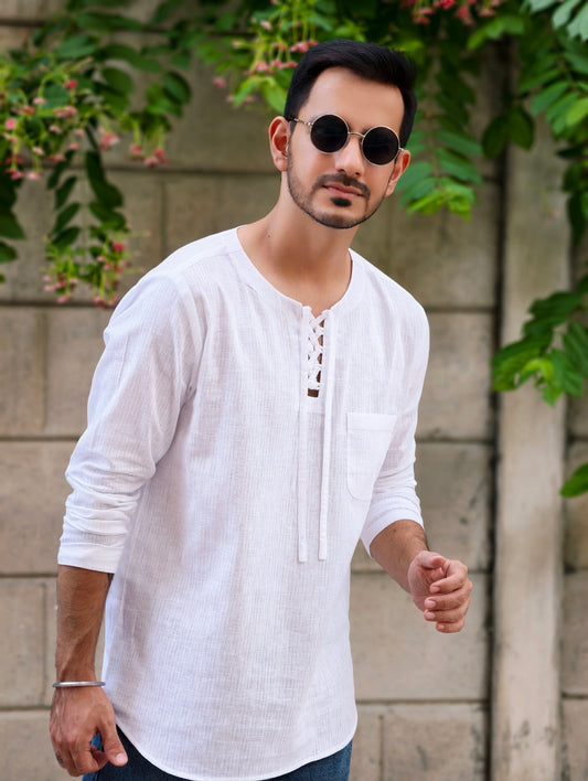 Men’s Casual White Lace-Up Short Cotton Kurta