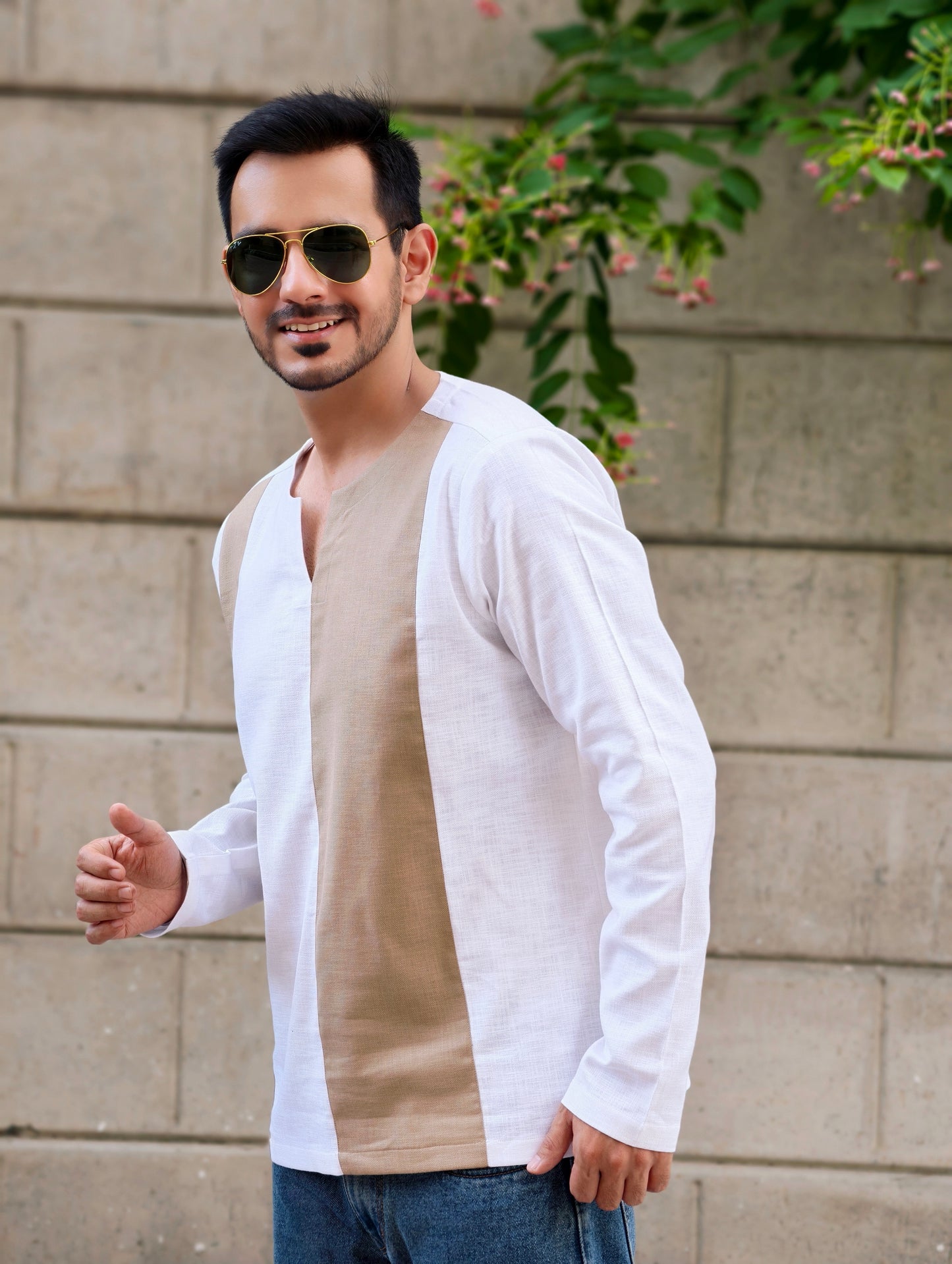 Men's Textured Cotton Short Kurta with Dual-Tone Panel Design