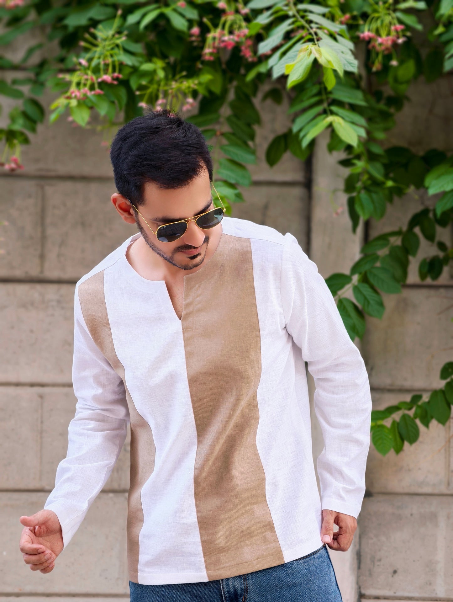 Men's Textured Cotton Short Kurta with Dual-Tone Panel Design
