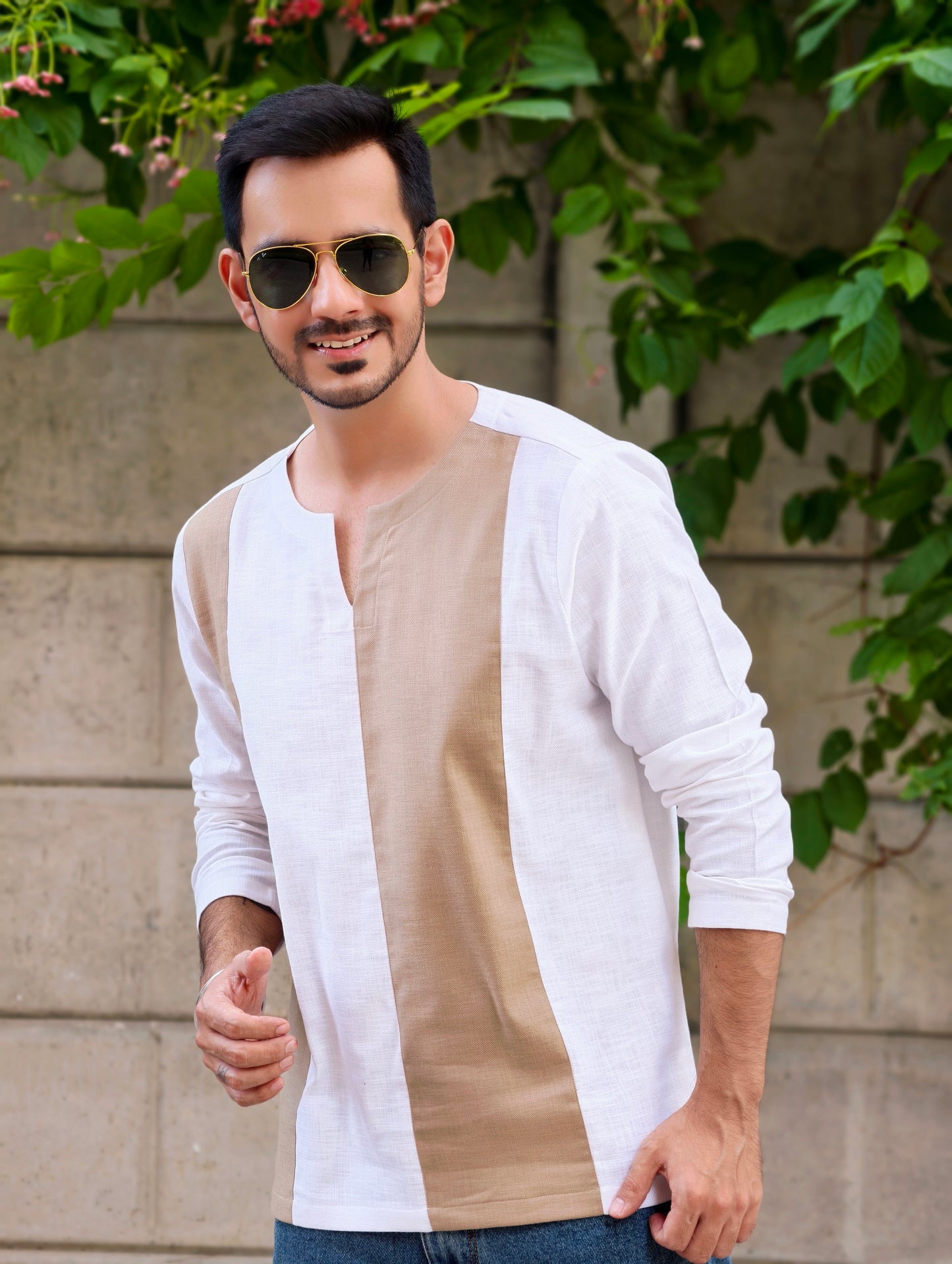 Men's Textured Cotton Short Kurta with Dual-Tone Panel Design
