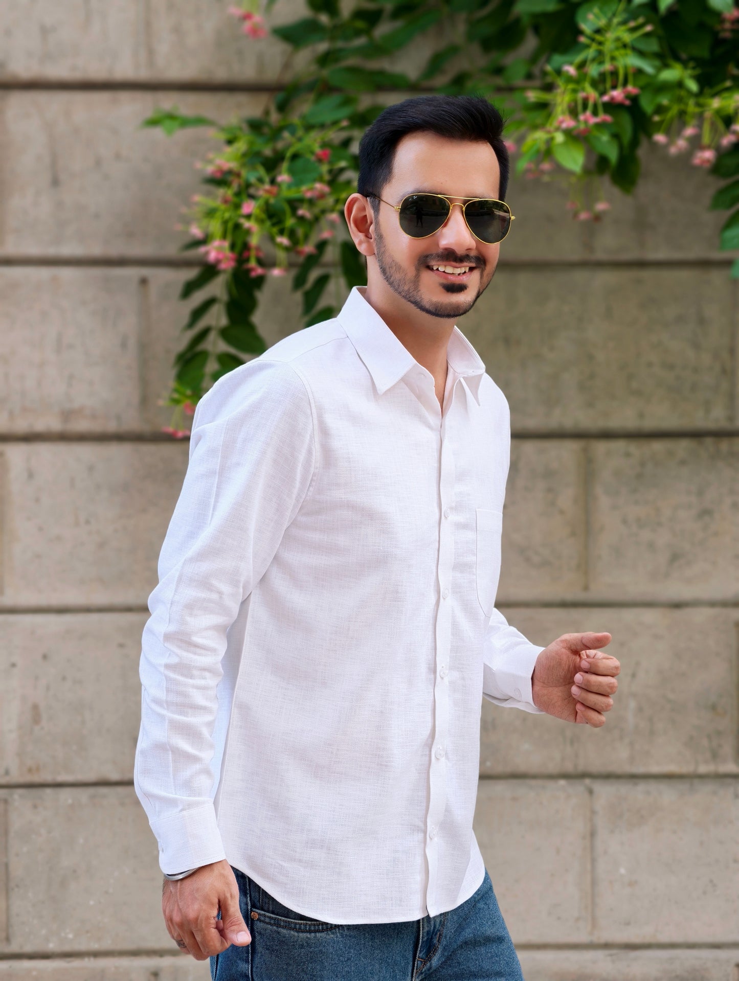 Men's White Textured Cotton Full Sleeves Formal Collar Shirt