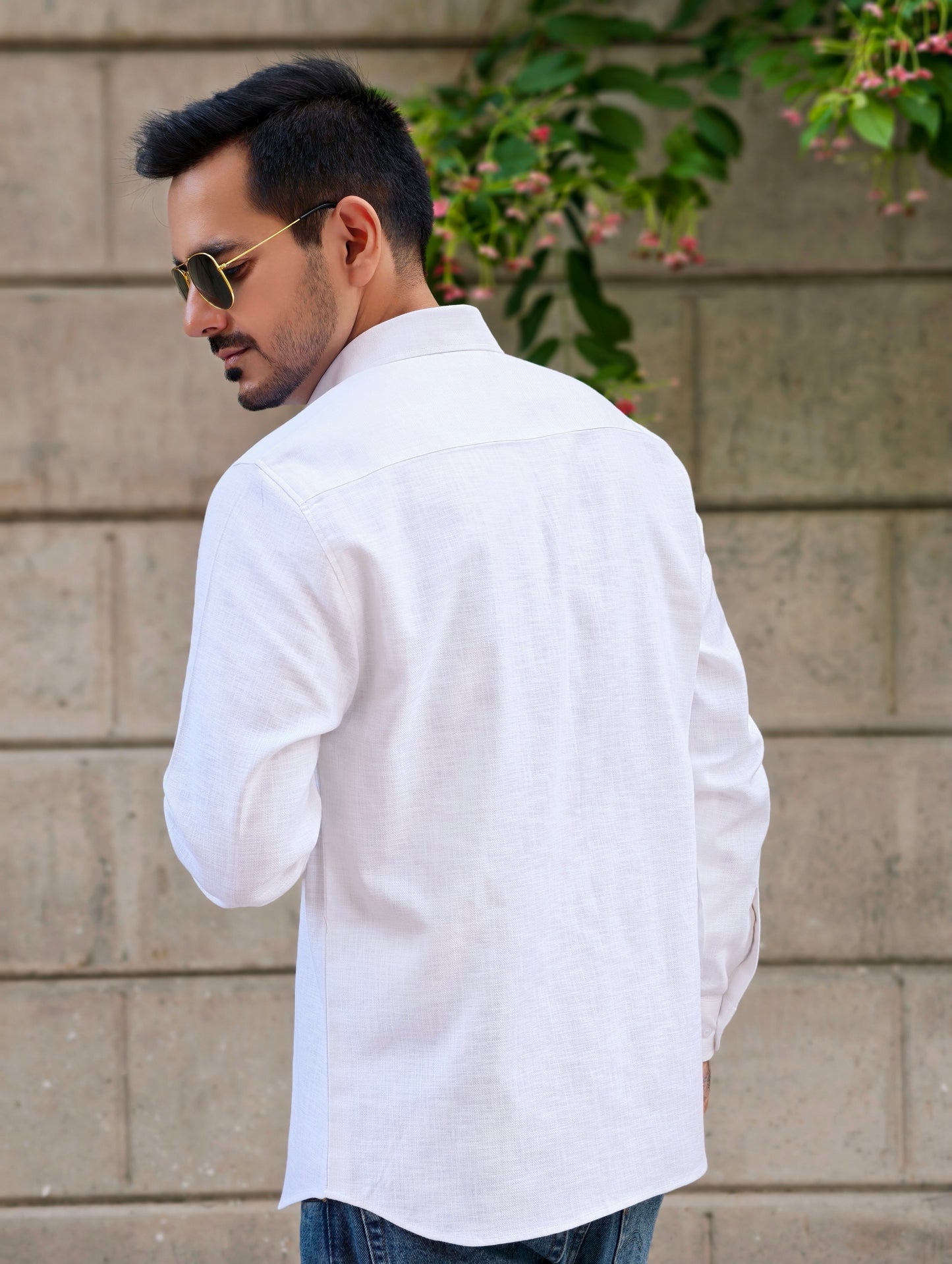 Men's White Textured Cotton Full Sleeves Formal Collar Shirt