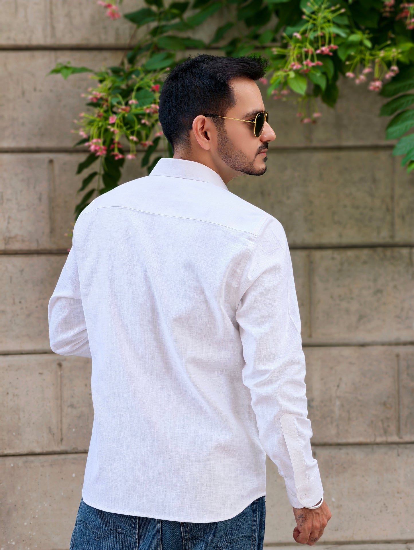 Men's White Textured Cotton Full Sleeves Formal Collar Shirt