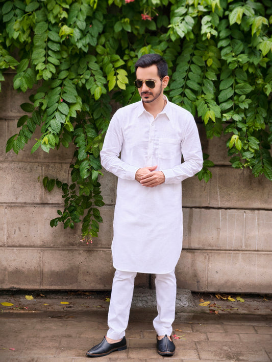 Men’s Classic White Premium Textured Cotton Kurta Pajama Set
