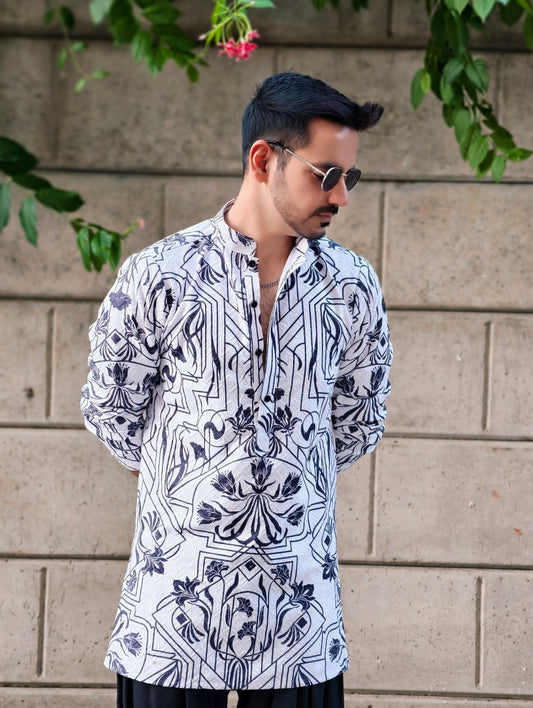 Men’s Designer Printed Kurta with Black Salwar – Ethnic & Festive Wear