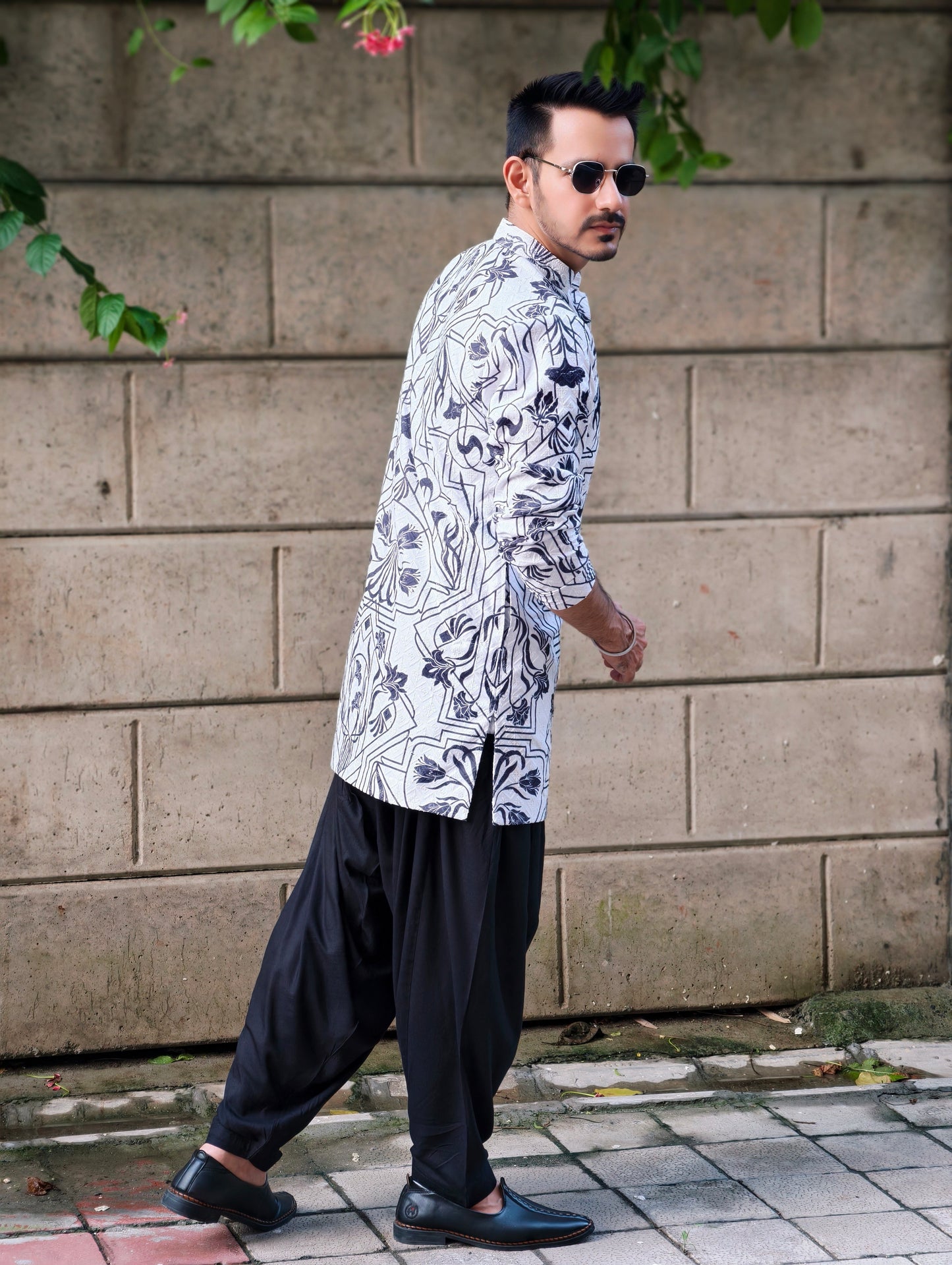 Men’s Designer Printed Kurta with Black Salwar – Ethnic & Festive Wear
