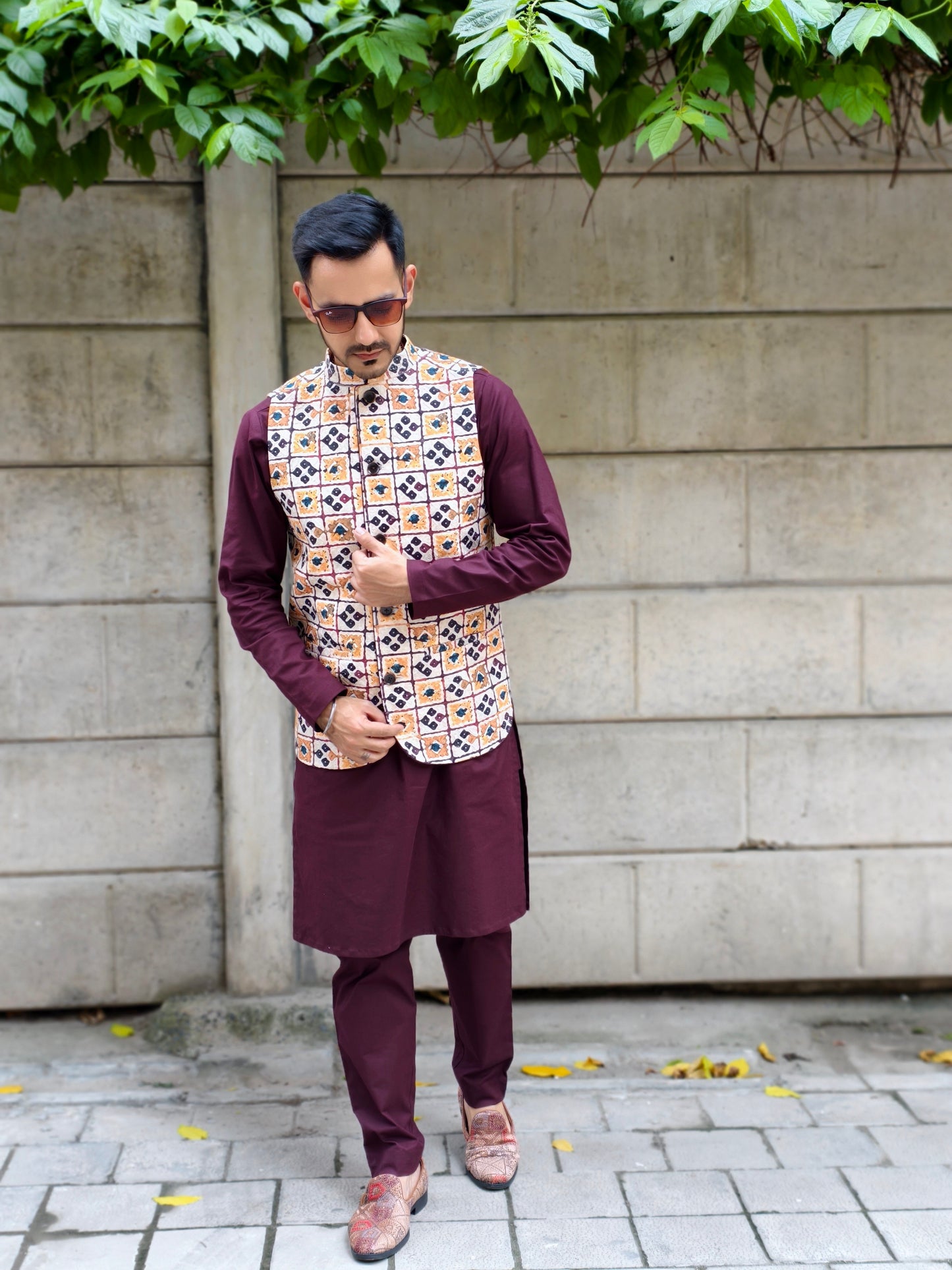 Men’s Multicolor Printed Nehru Jacket with Geometric Pattern | Ethnic Waistcoat for Wedding & Festive Wear