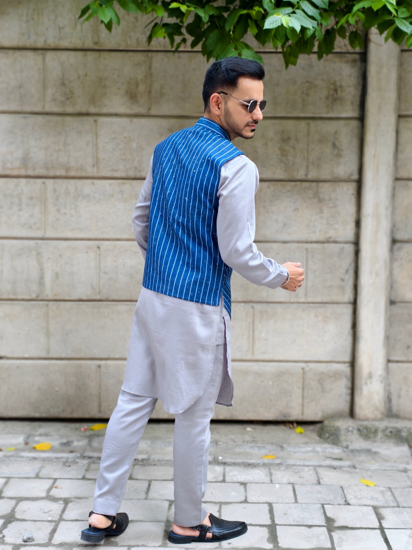 Men’s Grey Kurta Pajama with V-Style Striped Blue Nehru Jacket | Ethnic Wear Set for Parties & Festive Occasions