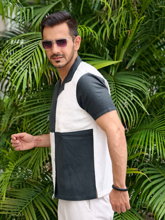 Men's Cream & Dark Green Color Block Shirt