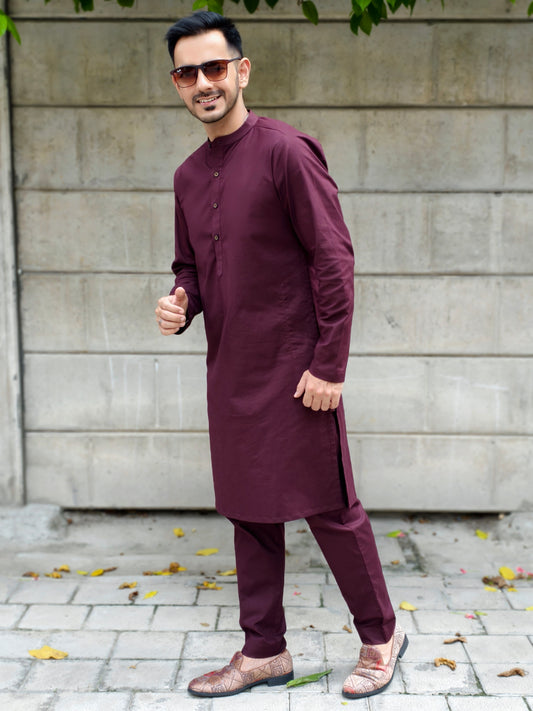 Men’s Solid Maroon Mandarin Collar Kurta Pajama Set | Ethnic Wear for Wedding, Festive & Party