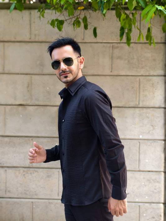 Men’s Black Double Collar Pintex Button-Down Shirt | Slim Fit Party & Office Wear