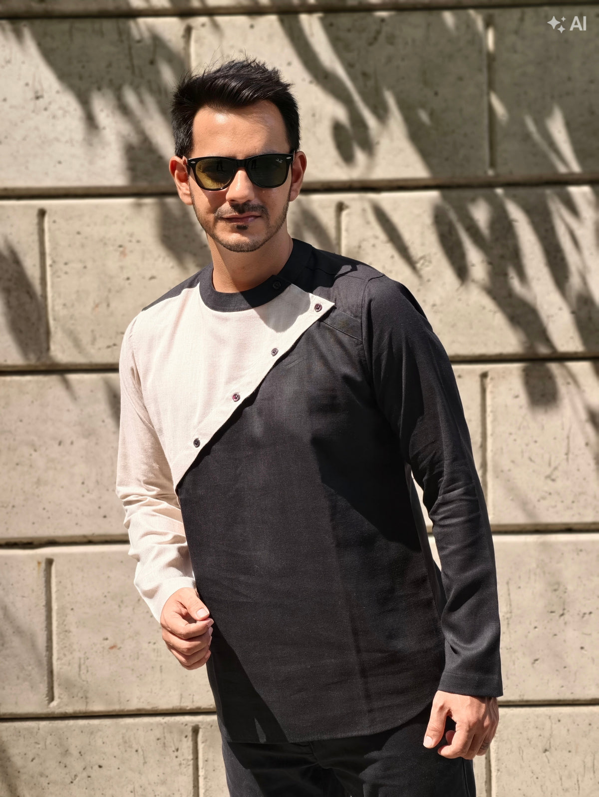 Black & Ecru Asymmetric Linen Short Kurta