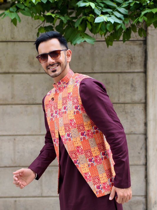 Men’s Multicolor Printed Asymmetrical Nehru Jacket | Festive & Wedding Ethnic Waistcoat for Kurta Pajama