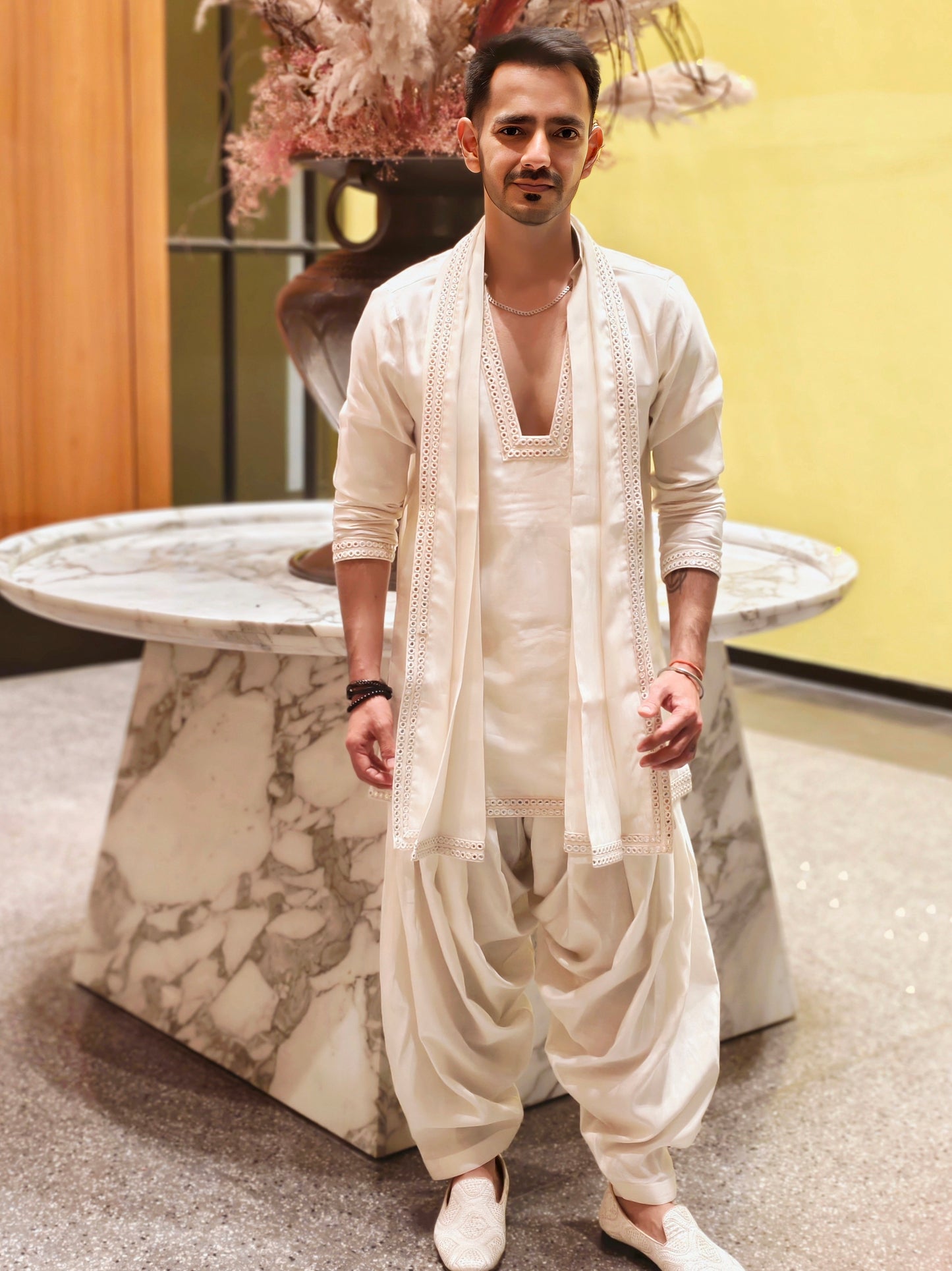 Men’s Ivory Mirror Work Kurta Dhoti & Dupatta Set