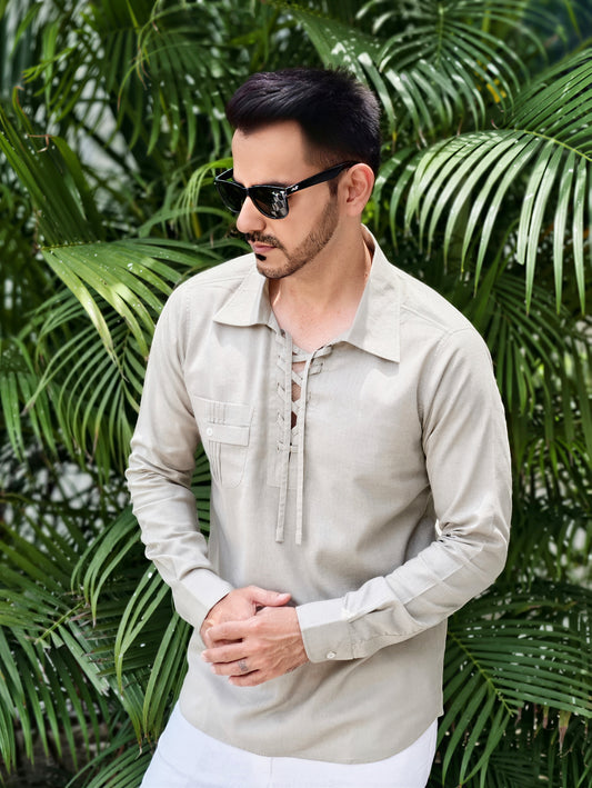 Men’s Lace-Up Collar Linen Cotton Kurta Shirt