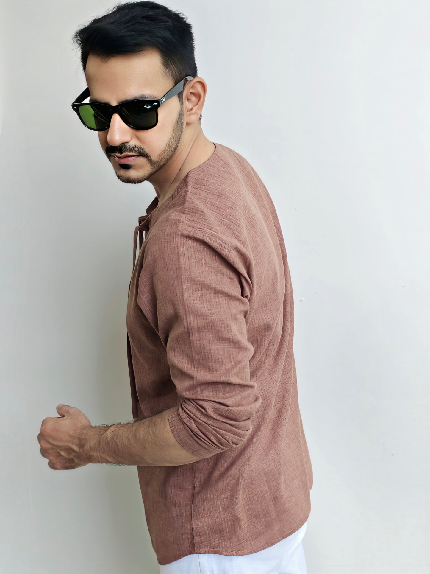 Men’s Brown Lace Up Short Cotton Kurta