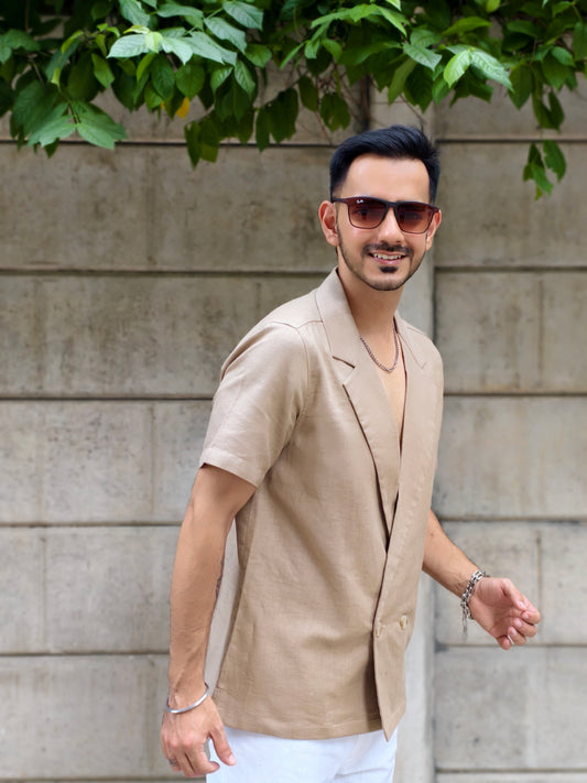 Men’s Khaki Double-Breasted Blazer Shirt | Stylish Summer Outfit | Casual & Party Wear