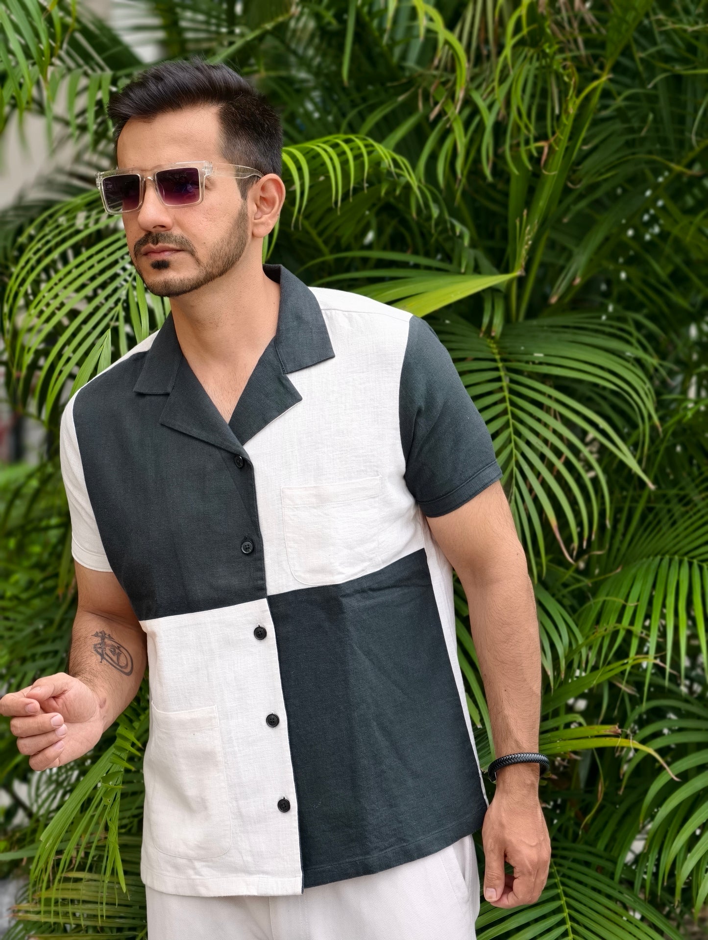 Men's Cream & Dark Green Color Block Shirt