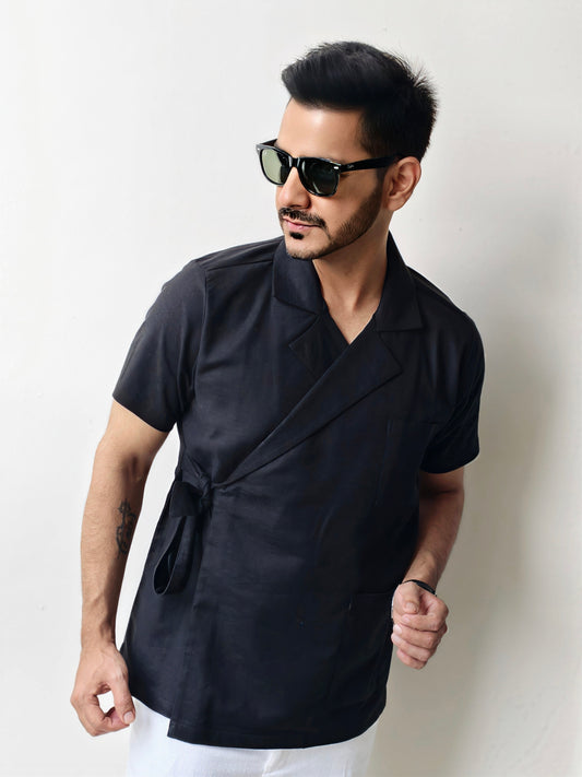 Men’s Black Wrapped Jacket Style Knot Shirt
