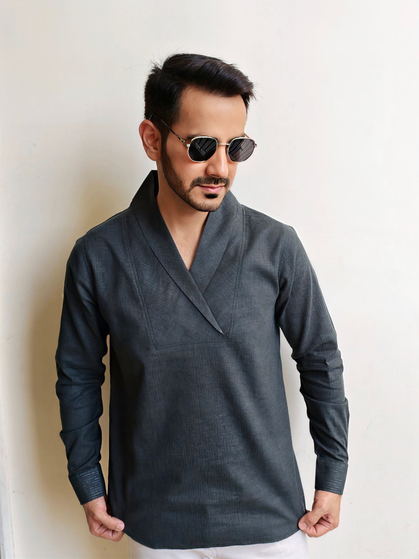 Men's Premium Textured Cotton Cowl Neck Shirt