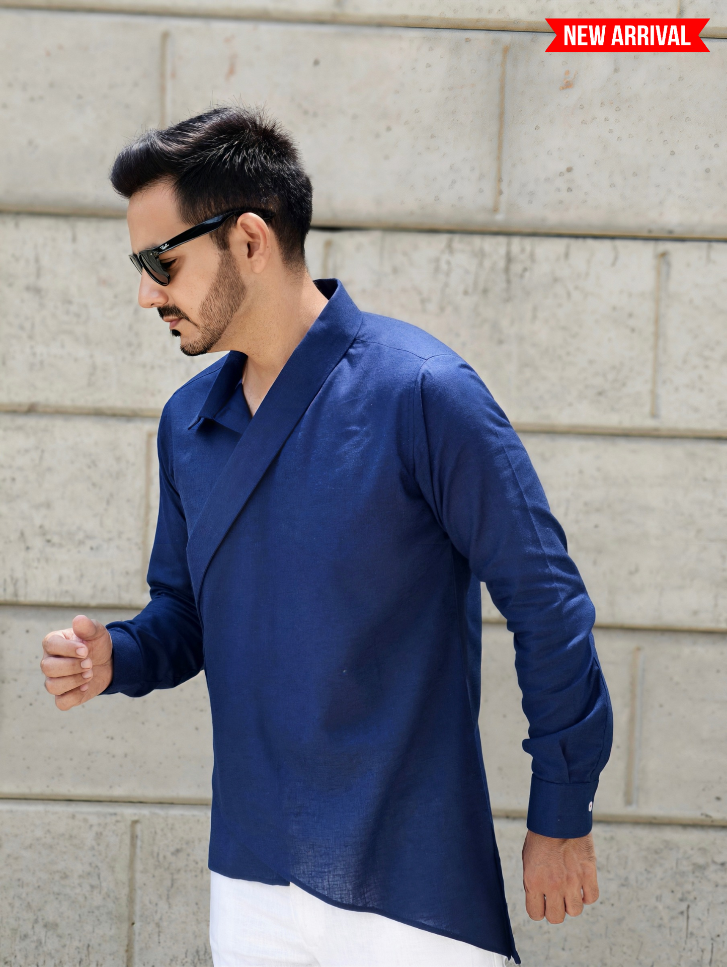 Men’s Navy Asymmetrical Casual Wrap Linen Kurta Shirt