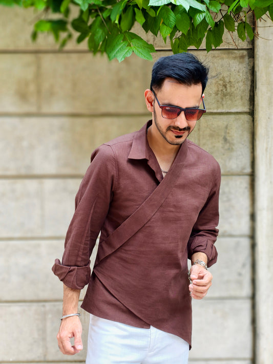 Men’s Designer Brown Asymmetric Casual Wrap Kurta Shirt | Modern Casual & Party Wear