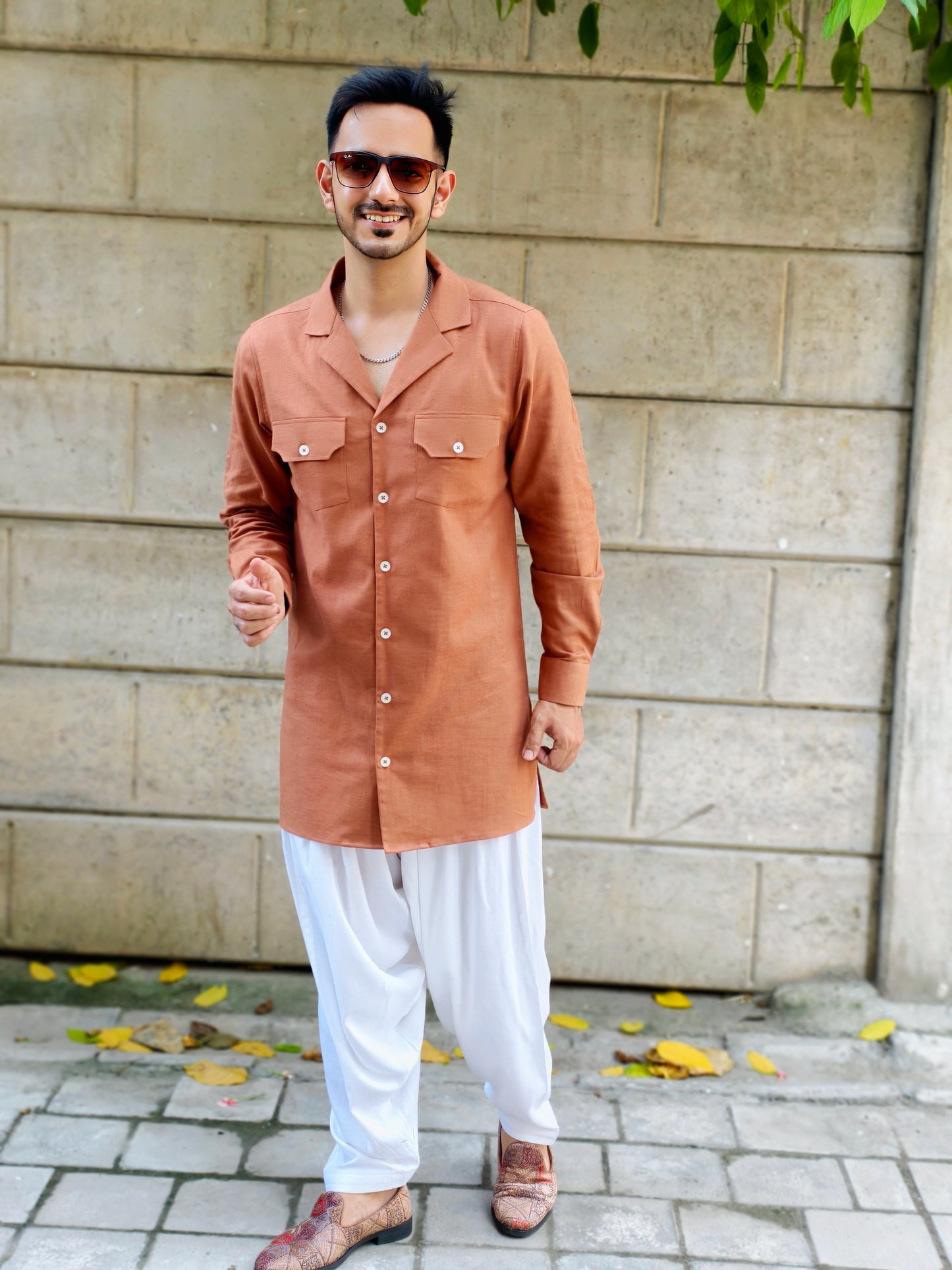 Men’s Coat Collar Rust Brown Button-Down Kurta with White Dhoti Salwar | Ethnic & Festive Wear