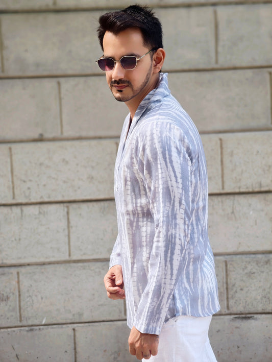Men’s Grey Tie-Dye Shawl Collar Kurta Shirt