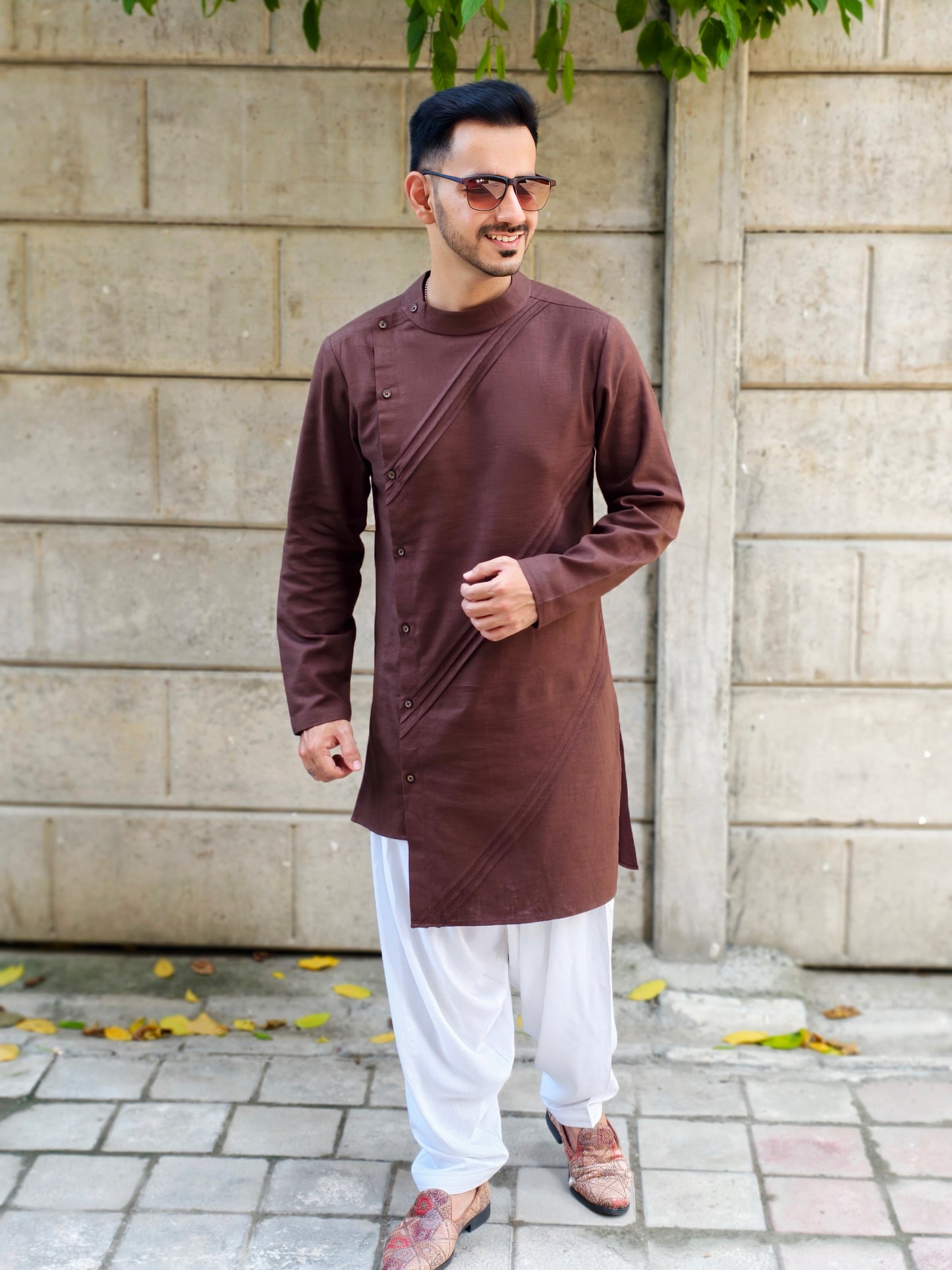 Men’s Brown Asymmetric Button Kurta with White Salwar | Ethnic Wear for Weddings & Festive Occasions