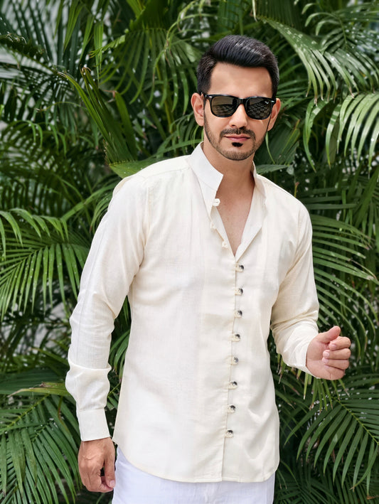 Men's Lemon Mandarin Looped Button Linen Cotton Shirt